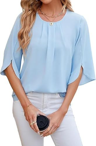 Haibang Damskjorta elegant 3/4 ärm chiffong blus rundhalsad tunika skjorta plisserad sommarblus kortärmad ledig ren färg T-shirt toppar, Ljusblå, XXL
