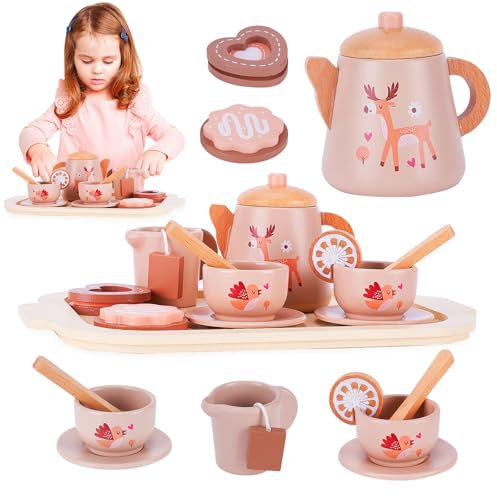 Farnirvana Teeservice Kinder Holz, Küchenzubehör Kinder Holz, Tee Set Holzspielzeug, Küchenspielzeug Rollenspiele Geschenk Mädchen Jungen, Teeparty-Set, Geschenk für Jungen Mädchen ab 3 Jahre (Rosa)