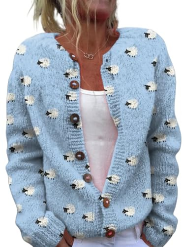 Women's Funny Fall Winter Long Sleeve Animal Sheep Lover Button Knit Cardigan Sweater Vintage Knitted Outerwear(Sheep-Blue,M)