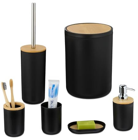 Relaxdays Set Bagno Completo, 6 Accessori, Kit WC in Plastica e bambù, Porta Spazzolini, Sapone e Saponetta, Nero Naturale