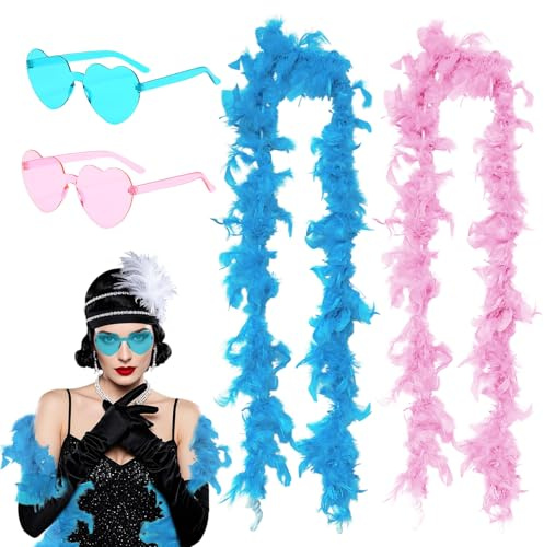 SAIIURV 4PCS Boas de Plumas con Gafas de Sol sin Borde de Corazón, Accesorios para Mujer Disfraz De 20s para Fiesta de Disfraces de Boda, Carnaval, Halloween, Navidad (Azul + Rosa)