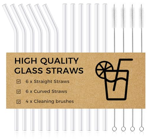 CNMTCCO Pajitas de Vidrio Reutilizables, 20 cm, Set de 16 Pajitas de Vidrio Largas, 6 Rectas + 6 Curvas + 4 Cepillos Limpiadores, 1,5 mm de Grosor, para Cócteles, Smoothies, Zumos