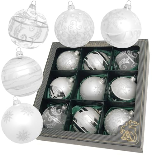 Krebs Glas Lauscha - Weihnachtsdekoration/Christbaumschmuck aus Glas - Satin-Glaskugelsortiment - Farbe: Silber - Inhalt: 9 Stück - Größe: ca. 8 cm