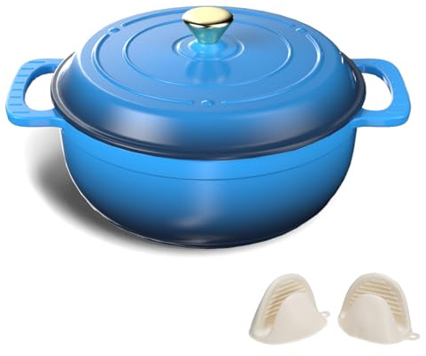 Bonnlo Enameled Cast Iron Round Pot, 27cm/5.6L Dutch Oven Cookware with Lid, Silicone Gloves, Heavy-Duty Pre-Seasoned Cookware for Bread Baking, Braising, Stews, Roasting - Blue, 6QT