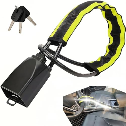 Reflective Steering Wheel Lock,Heavy-Duty Anti-Theft Car Security Lock,YE | Visible Reflective Theft Deterrent,Reinforced Cut-Resistant Steel Cable,Universal Fit for Vans, Cars & Golf Carts,3 Keys