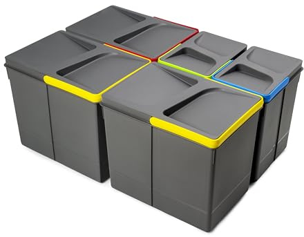 EMUCA - Contenedores para cajón de cocina Recycle, Altura 266mm, 3x15L + 2x7L, Plástico gris antracita, Plástico