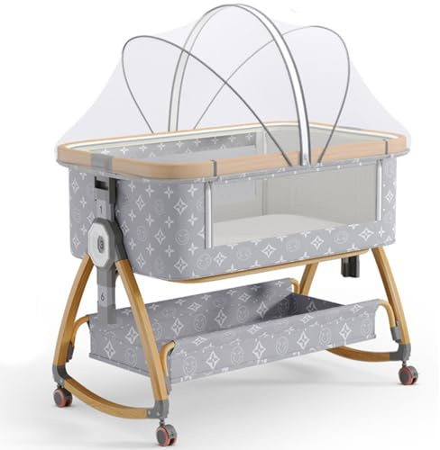 babykorg, 4 i 1 bärbar bassäng, sovvagn med hjul, myggnät och förvaringskorg, 6 höjdjusterbar gungbassin(E)