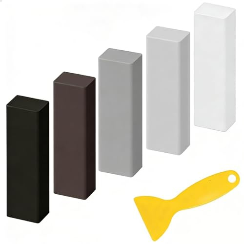 5Pcs Wax Filler Wood Repair Sticks with Scraper, Grey Furniture Repair Kit | White, Light Grey, Medium Grey, Dark Grey and Black Wood Filler Sticks for Furniture, Wooden Floor Scratches Stains Holes