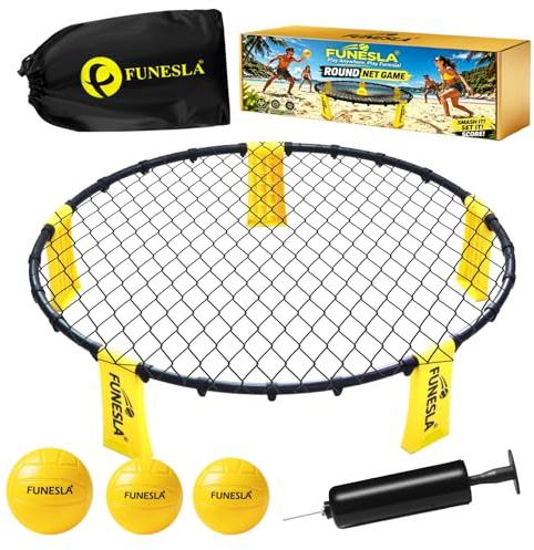 Funesla Roundnet Game Set - Outdoor Beach Volleyball Game, Quick Setup Non-Slip Ball Game with Hidden Needle Air Pump, Easy Assembly Portable Carry Bag for Beach Garden Lawn Park