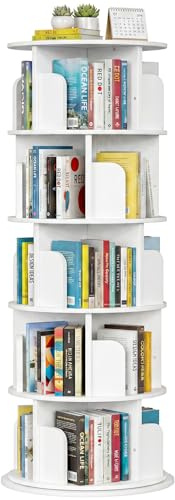 Homieasy Estantería Giratoria 5 Niveles, Librero Giratorio 360° con 20 Compartimentos, 162x40 cm Torre de Libros Giratoria Redonda Ahorra Espacio para Salón Estudio Oficina,Blanco