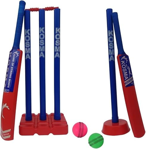 Set da cricket Kwik per 2 giocatori, set da cricket junior con borsa, 2 mazze n. 3 e 5, 2 palle, set di paletti con bastoni, moncone singolo, colore rosso e blu, attrezzatura per allenatori di cricket