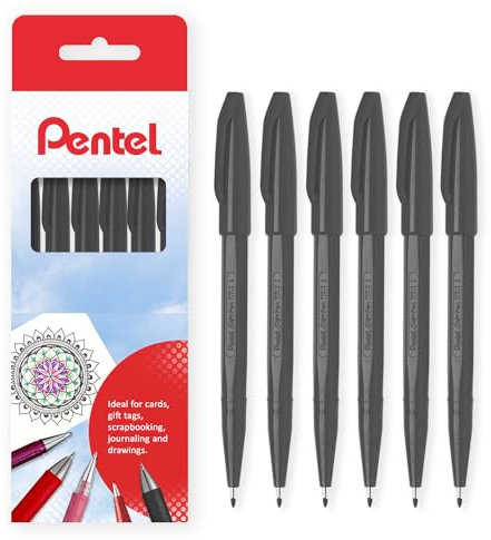 Pentel S520 Original Sign Pen Fibre Tip Marker Fineliner Pens - 2mm Nib - 1mm Line - Pack of 6 in Gift Box (Black)