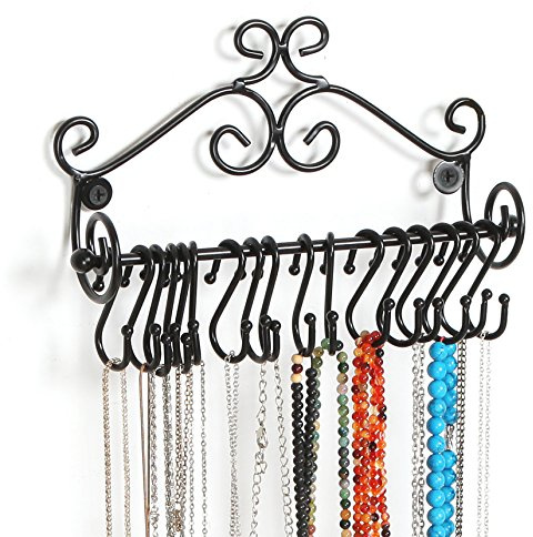 MyGift Jewelry Organizer - Wall Mounted Black Metal Scrollwork Design Necklace Holder Jewelry Display Storage Rack with 20 Hanging S-Hooks