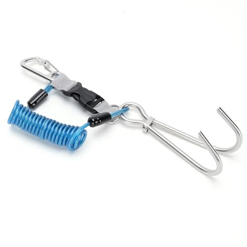 Tbest Buceo Arrecife Gancho de Acero Inoxidable Gancho de Arrecife Gancho Doble de Buceo Accesorios de Seguridad de Buceo con Espiral Cordón Hebilla de Liberación Rápida(Azul)