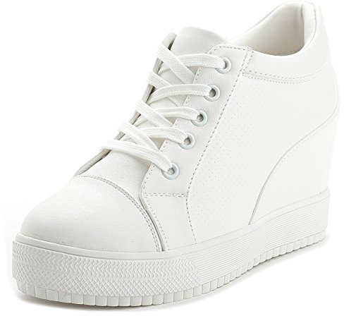 Women Wedges Sneakers with Hidden Heel Ankle High Platform Walking Shoes Fashion Bride Wedding Shoes (8, White-3 Heel-Height, Numeric_8)