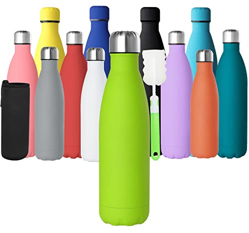 GeeRic Edelstahl Trinkflasche 500ml - Doppelwandige Isolierflasche, Auslaufsicher, BPA-frei, Rostfrei - Hält Kalt - Mit Tassenbürste und Tassenschutz - Olivgrün