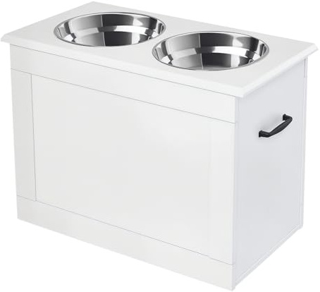 PawHut Raised Dog Bowls, Pet Feeding Storage Station with Two Stainless Steel Bowls, Base, for Large Dogs, White