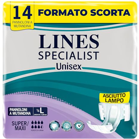 Lines Specialist Unisex Pannoloni a Mutandina Super Maxi, per Incontinenza Donna e Uomo, Asciutto Lampo e Ottima vestibilità, Zero Odore, Taglia L, 2 Confezioni da 14 Unità