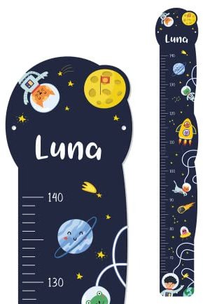 Personalisierte Kinder Holz Messlatte 'Space' aus Birkenholz mit Wunschnamen, Messlatte Kind Motiv Weltraum mit Planeten, Astronauten und Tieren in einer Rakete, ca. 15 x 100 cm