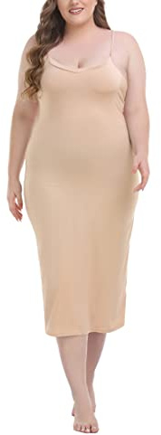 Vlazom Women's Plus Size Full Slip Dresses Petticoat Adjustable Spaghetti Strap Under Dresses Long Nightgown V-Neck Cami Dress Nude,4XL