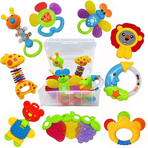 AIVIAI Baby Rassel Beißring Set Baby Spielzeug 6 Monate Babyspielzeug ab 3 6 9 12 Monaten Shaker Greifen Rassel Neugeborenes Spielzeug Musikalische Rasseln für Babys und Kleinkinder Geschenk（11 PCS）
