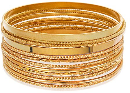 Yolev 14 Stück Armreif Gold Boho Multi Armband Set für Mädchen Punk Chunky Stapelbar Tag Braut Hochzeit Party Geschichtete Kabel Glatte sari Armbänder Indischer Schmuck Damen