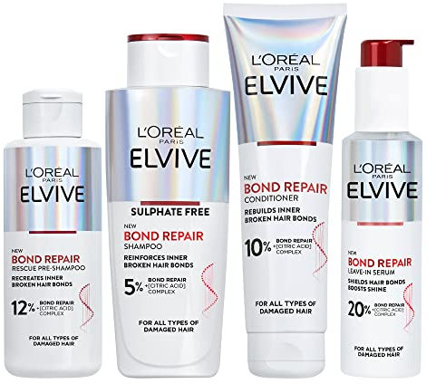 L’Oreal Paris Elvive Bond Repair Hero Set for Damaged Hair, Pre-Shampoo Treatment 200ml, Shampoo 200ml, Conditioner 150ml, Leave-In Serum 150ml, Intensive Repair Treatment, Rebuild Broken Hair