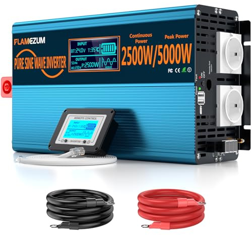2500W KFZ Reiner Sinus Spannungswandler-Auto Wechselrichter 24v auf 230v Umwandler-Inverter Konverter mit 2 EU Steckdose und 2 USB-Port-inkl. Fernsteuerung-Spitzenleistung 5000 Watt