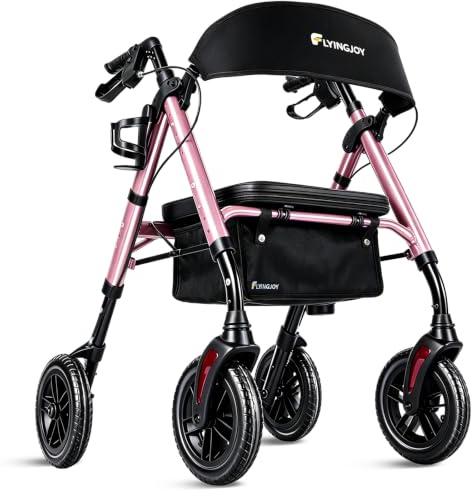 Lightweight Rollator Walker with Seat & Backrest - Foldable Mobility Aid for Seniors, 8 Large Airless Tires, Adjustable Height,Brake,Storage Bag,300 lbs Capacity,4 Wheel Rolling Walkers for Adults