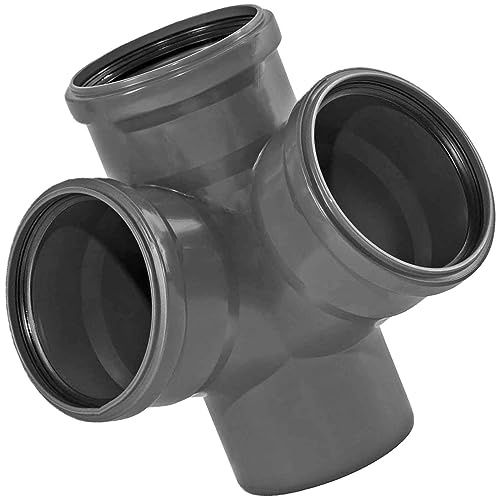 MegaHaustechnik HT Eckdoppelabzweig Winkel 45 Grad DN110 für Rohr Außendurchmesser 110mm mit 3 Steck Muffen und Gummi Dichtungen, Steck-Ende außen Ø 110mm, Abwasser Abfluss Leitung Kunststoff grau