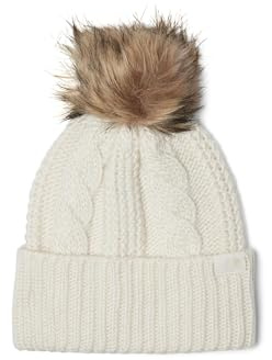 The North Face Women's Oh Mega Fur Pom Beanie | Deep Fit Cuffed Winter Hat with Oversized Faux-Fur Pom & Textured Cable Detailing, White Dune, One Size