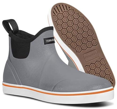 TerraTrax Men's Waterproof Deck Boots, Anti-Slip Ankle Rain & Work Boots for Fishing, Farming - Short Slip On Rubber Chelsea Shoes (Lightweight), Grey & Size 9
