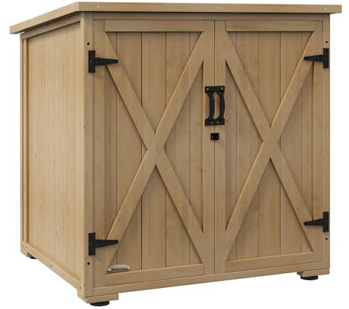 Outsunny Gartenschrank Holz, Geräteschrank, Outdoor wetterfest Geräteschuppen, Holzschrank mit Doppeltür, Mehrzweckschrank für Garten, Balkon, Natur