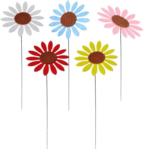 5 estacas de metal para jardín, estacas de jardín, margaritas de metal, estacas decorativas para valla de jardín, adornos de jardín para todas las estaciones