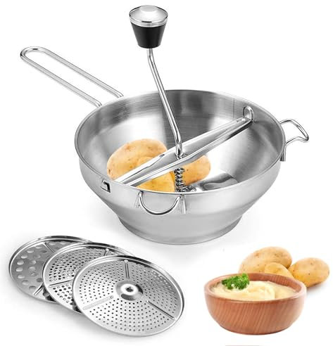 WIGUROE Food Mill Potato Ricer, WIGUROE Stainless Steel Food Mills with 3 Milling Discs, Rotary Food Mill for Tomato Sauce, Potatoes, Baby Food or Canned Goods