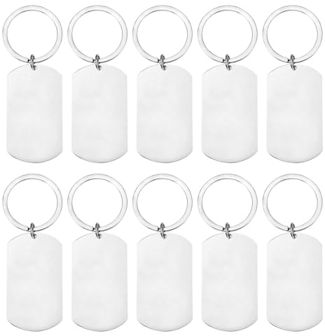 Disnace förpackning med 10 tomma etiketter i rostfritt stål, metallstämpelnyckelring, tomma etiketter, rektangulära graveringshanddukar, tomma nyckelringar, en håltagg med nyckelringar för