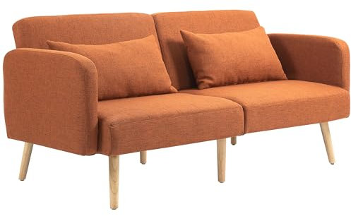 HOMCOM Schlafsofa 3-Sitzer, Schlafsofa 2-Sitzer, neigbare Rückenlehne und verstellbare Armlehnen, Clic Clac-Sofa in Stoff mit Leineneffekt, Füße aus Massivholz, 2 waschbare Kissen, braun