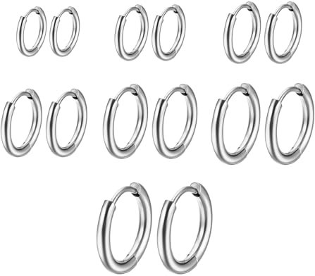 7 Paia Orecchini Argento a Cerchio per Uomini E Donne - Acciaio Inossidabile Piccoli 8-20 mm