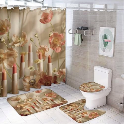 TOWINSFB 4Pcs Floral Rustic Shower Curtain Set with Toilet Lid Cover Non-Slip Rugs for Bathroom, Lipstick Colorful Modern Plant Shower Curtain Bathroom Sets with Hooks, 72x72 Inch