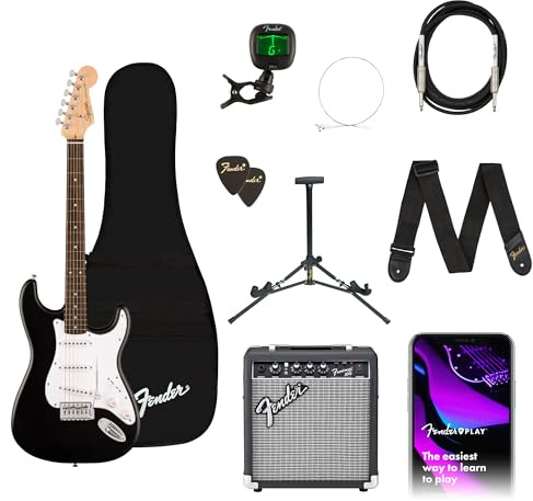 Squier by Fender Debut Collection Stratocaster Electric Guitar Pack. Includes Frontman 10G Amp, Gig Bag, Strap, Cable, Picks, Tuner, Stand, Extra Strings + 3 Month Subscription to Fender Play