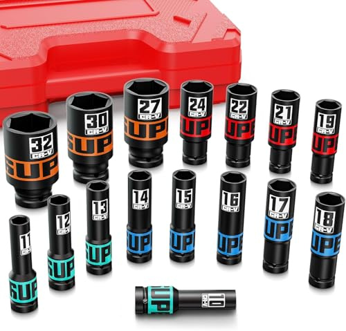 Aurlloct Set di Chiavi a Bussola Esagonali da 1/2, 16 Pezzi, 10-32 mm, Set Chiavi a Bussola Lunghe, per Riparazione Autoveicoli Riparazioni Meccaniche