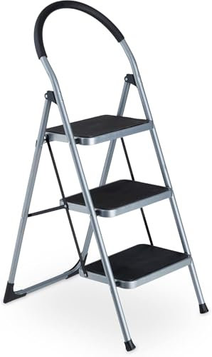Scala Domestica pieghevole in Acciaio Sgabello Salvaspazio da casa, Gradini antiscivolo 38x26 cm con Maniglione di Sicurezza in Gomma, Portata Max 150 Kg (3 Gradini)