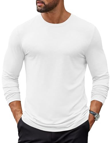 COOFANDY Maglietta Uomo Manica Lunga Magliette da Lavoro T Shirt Casual Tshirt Basic Magliette Tinta Unita Bianca XL