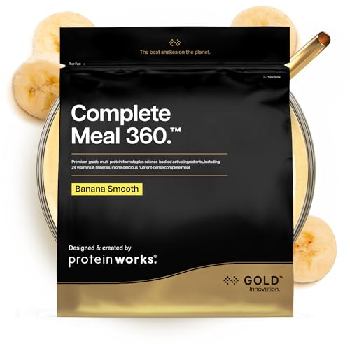 Protein Works Complete Meal 360 - Gold Innovation, batido de sustitución de comidas, alta proteína, Omega 3, 165 beneficios para la salud, mantiene 3-5 horas de saciedad, plátano suave, 10 comidas, 1