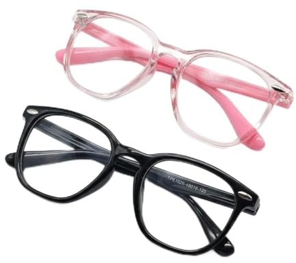 Piaeny 2 Pack Kids Blue Light Blocking Glasses, Clear Pink & Black Frame, for Boys Girls Gaming Computer Glasses, Anti Eyestrain & UV400 Protection Lightweight Eyewear