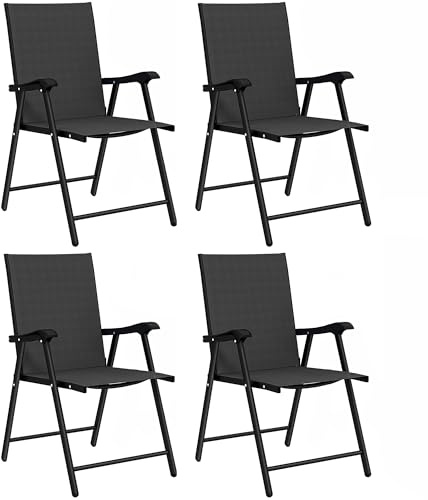 Outsunny Lot de 4 Chaises de Jardin Pliantes en Textilène Robuste Noir | Mobilier de Jardin, Structure Acier, Sans Montage, Chaise de Terrasse et Balcon, Dossier Haut Ergonomique