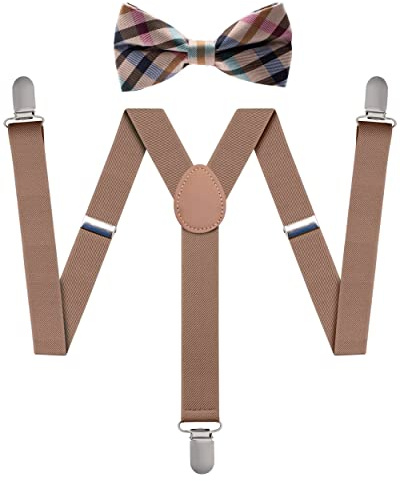 Man of Men Bowtie & Suspender Set - Beige Checkered Bowtie & Beige Suspenders - Boys Suspenders and Bow Tie Set