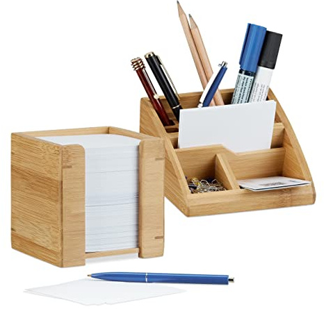 Relaxdays 2 TLG. Schreibtisch Set, Schreibtisch-Organizer mit Stiftehalter, Zettelbox mit Notizzetteln 900 Blatt, aus Bambus
