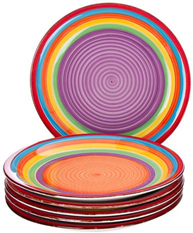 MamboCat 6-TLG. Speisetellerset Ibiza rund kunterbunte Essteller Menü-Teller flach Servier-Geschirr Buffet-Platte Steingut-Geschirr Regenbogenfarben Rainbow