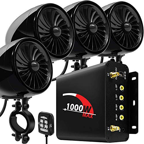 Aileap 1000W 4 canaux amplificateur de Moto 4 Gamme complète étanche Bluetooth Moto Haut-parleurs stéréo système Audio Radio FM pour 1-1,5 Guidon ATV UTV (Noir, Ventilateur)